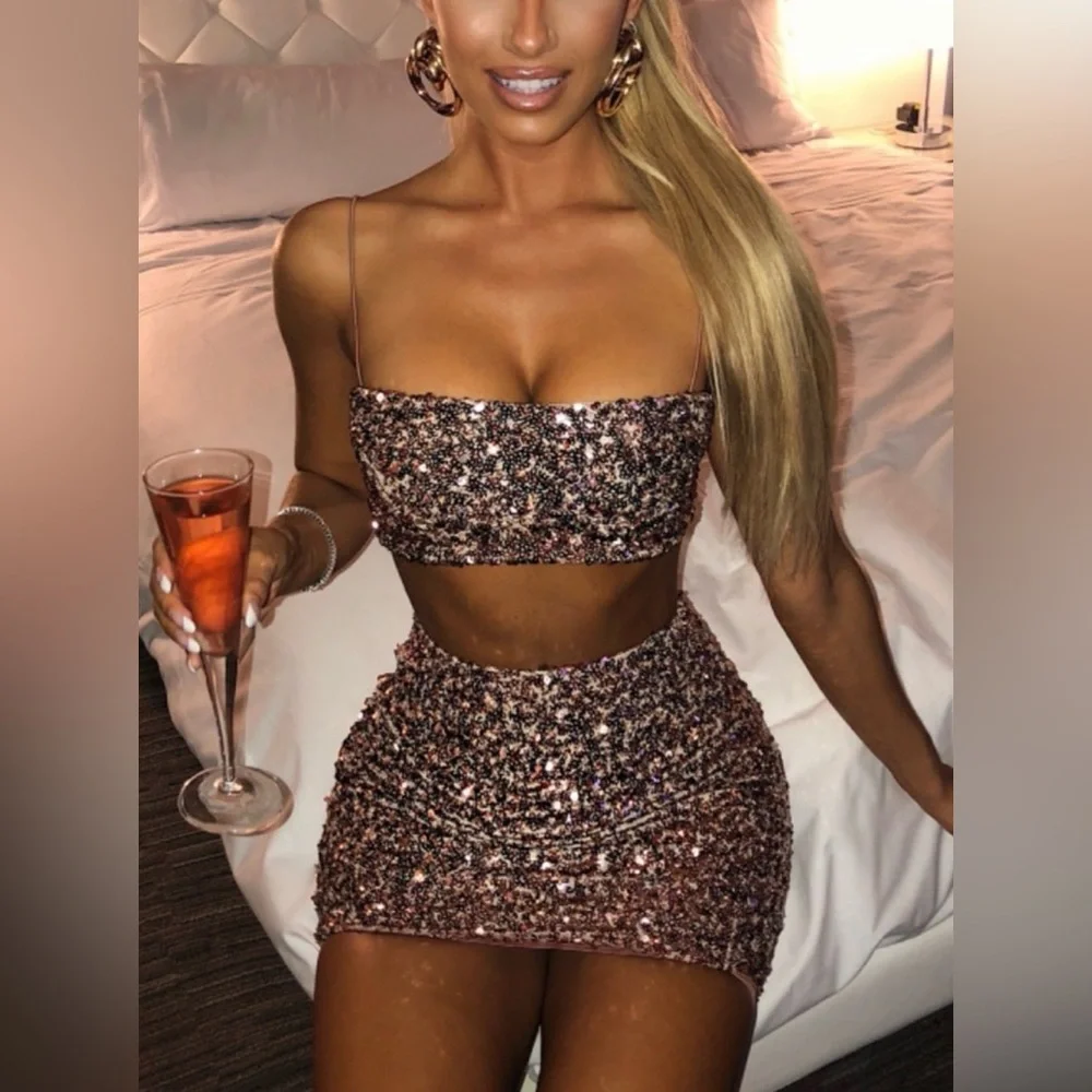Babyboo Melissa Top & Skirt Set Sequin Bronze Crop Mini Size Small NWT
